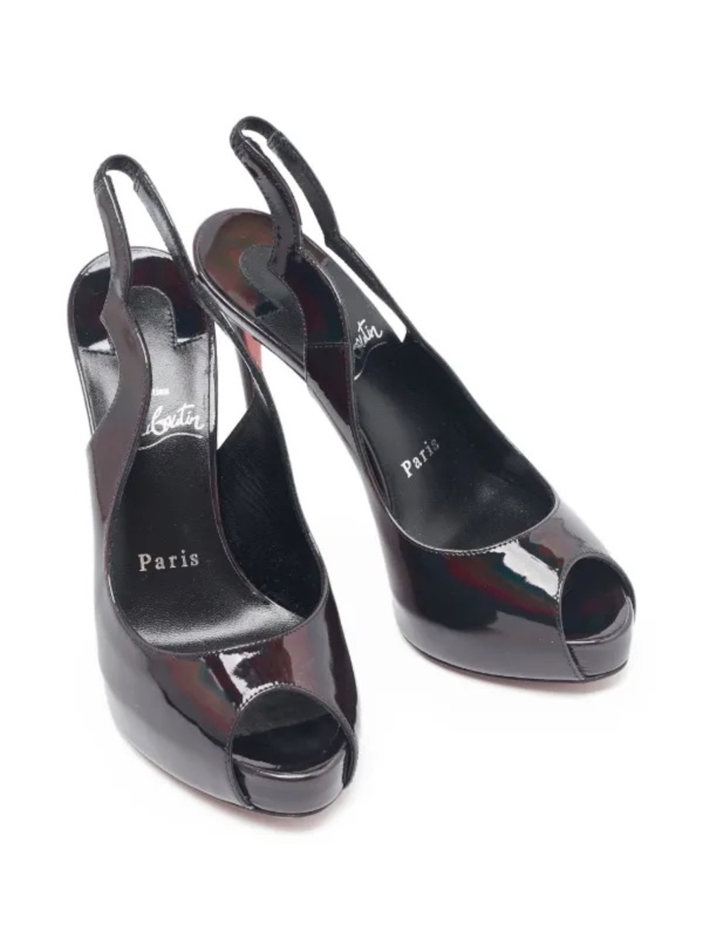 Christian Louboutin Black Patent Peep-Toe Slingback Pumps with Red Sole
